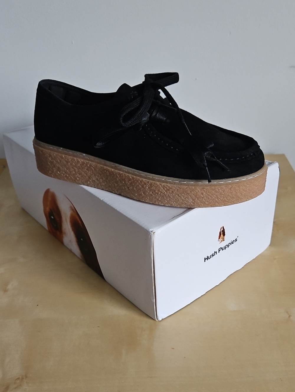 Hush Puppies Black Suede Platform Loafers with Tan Crepe Sole
